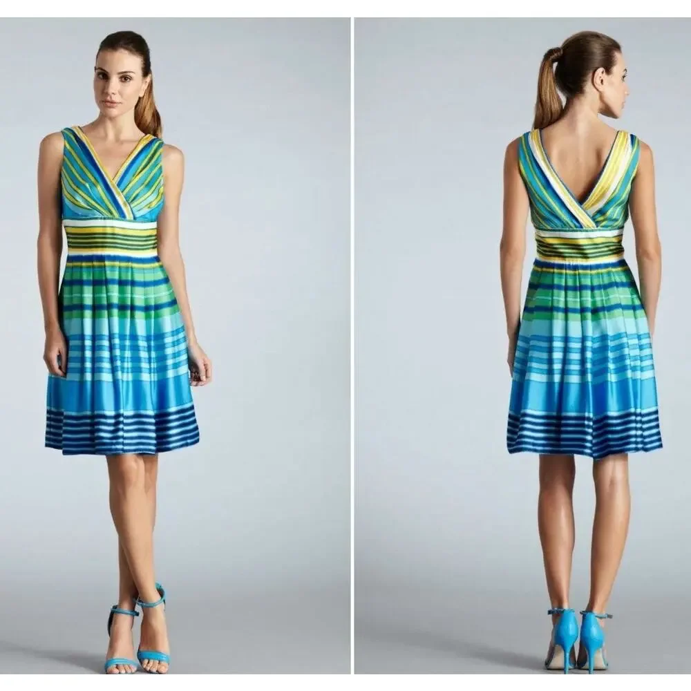 Muse Satin Blue Multicolor Sleeveless Fit And Fare Dress Size 8